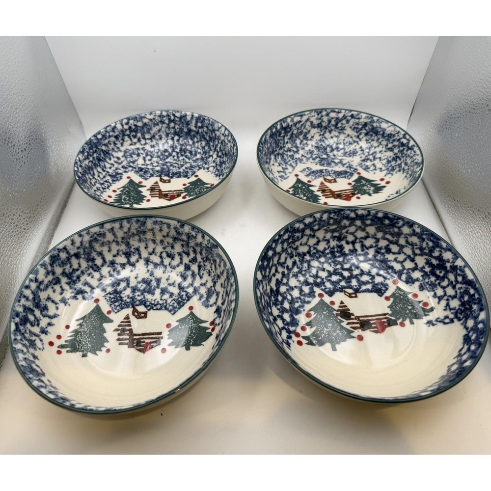 Folk Craft Tienshan Country Cabin In Snow Spongeware Bowls Set 4 Blue 6.5"